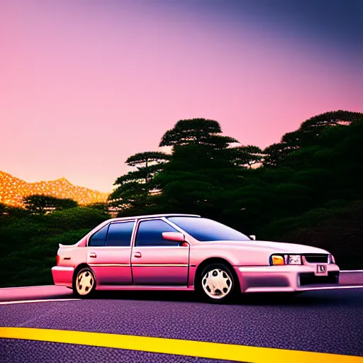 Prompt: a car Toyota JZX100 in middle of road, gunma prefecture, city sunset, cinematic color, photorealistic, highly detailed, bokeh