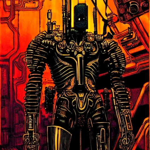 Image similar to cyberpunk knight, atmospheric lighting, painted, intricate, golden hour, ultra detailed by philippe druillet