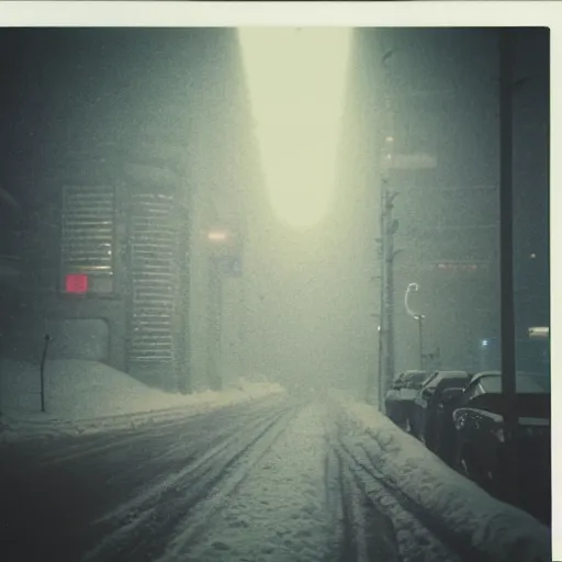 Image similar to atmospheric polaroid photo of a snowy tokyo street at night