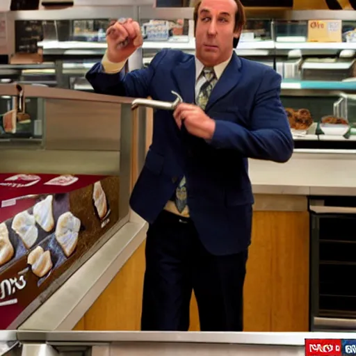 Prompt: Saul Goodman destroys a Cinnabon store