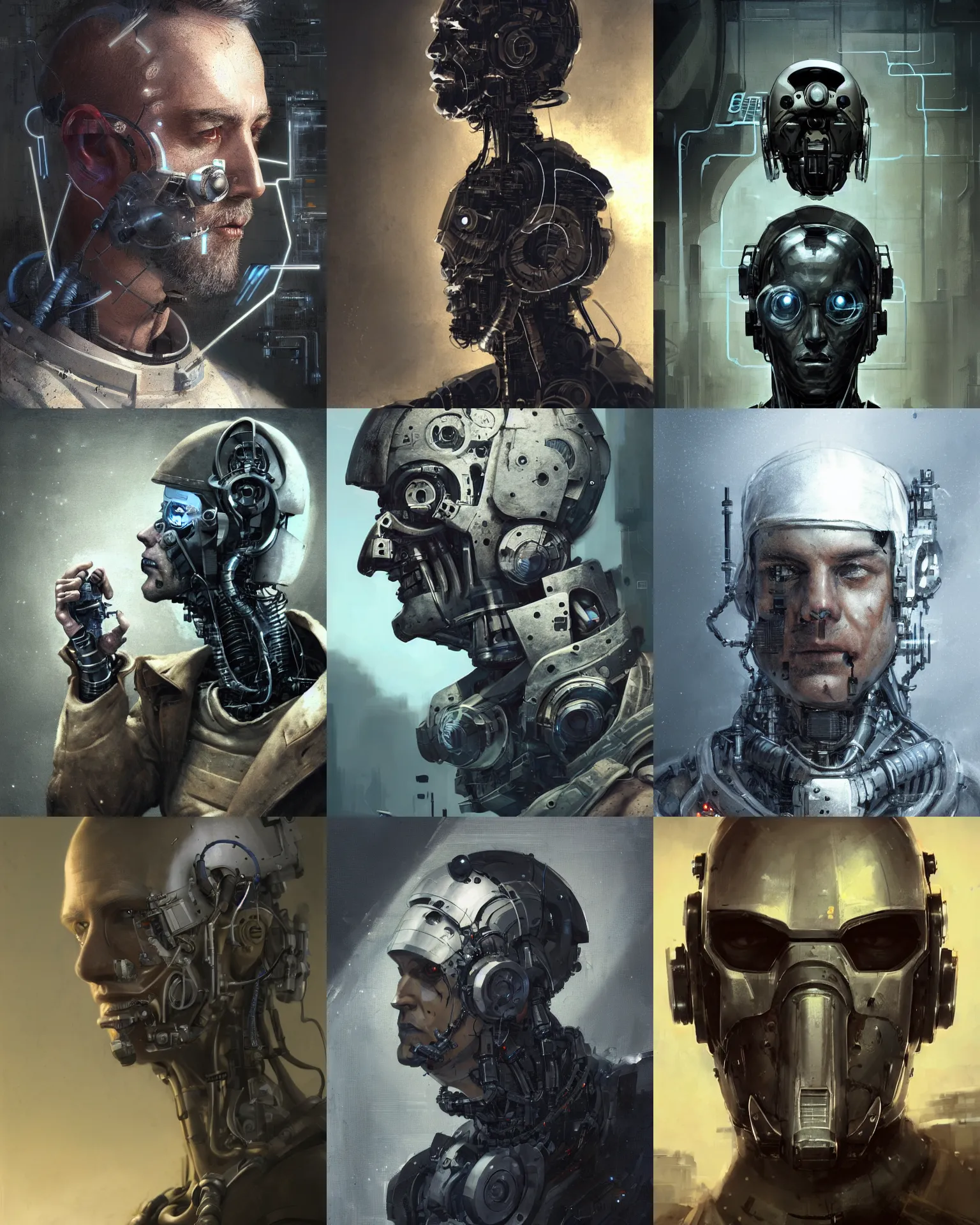 Prompt: a half - masked rugged laboratory engineer man with cybernetic enhancements as seen from a distance, scifi character portrait by greg rutkowski, craig mullins, gareth beedie, 1 / 4 headshot, cinematic lighting, dystopian scifi gear, gloomy, profile picture, mechanical, cyborg, half robot, implants, dieselpunk