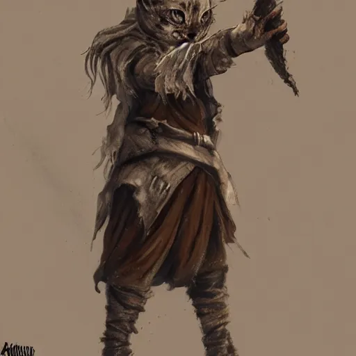 Image similar to dirty homeless humanoid cat wearing rags, wielding a broadsword, concept art, d & d, fantasy, trending on artstation