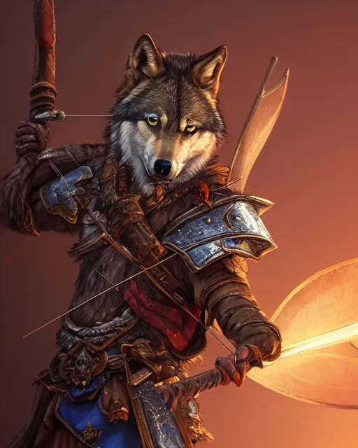 Prompt: closeup 2 8 mm anthropomorphic archer wolf using a crossbow in a castle, d & d, fantasy, intricate, action pose, particle effects, highly detailed, digital painting, artstation, concept art, matte, sharp focus, volumetric lighting, illustration, hearthstone, art by artgerm, wlop, craig mullins, alphonse mucha
