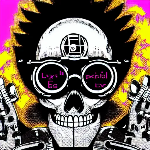 Prompt: a skull man wearing goggles with the words pixel spelt out above in a cyberpunk aesthetic