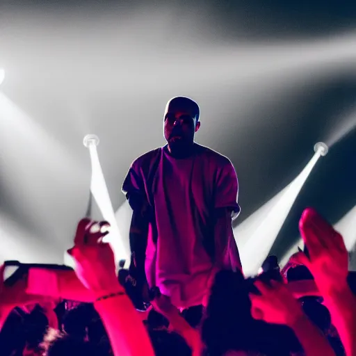 Image similar to photograph of kanye west performing, night time, backlighting, 8 k