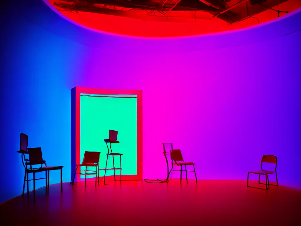 Image similar to room with overlaping curved translucent screens projecting art, large colorful art, pixel perfect image, high contrast, volumetric lighting, tiny neon light, chair, user, pair of keys