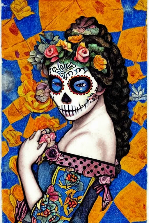 Image similar to illustration of a sugar skull day of the dead girl, art by johannes vermeer