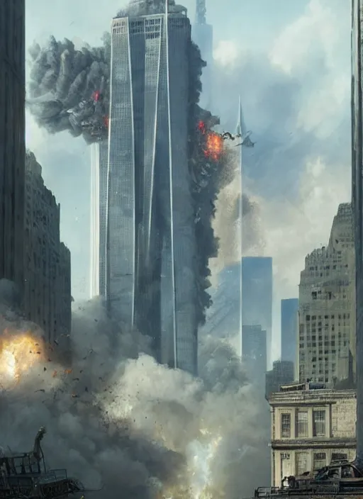 Image similar to hyper realistic 9 / 1 1 attacks, atmospheric beautiful details, strong composition painted by kim jung giu weta studio rutkowski, james gurney and greg rutkowski, and lucasfilm