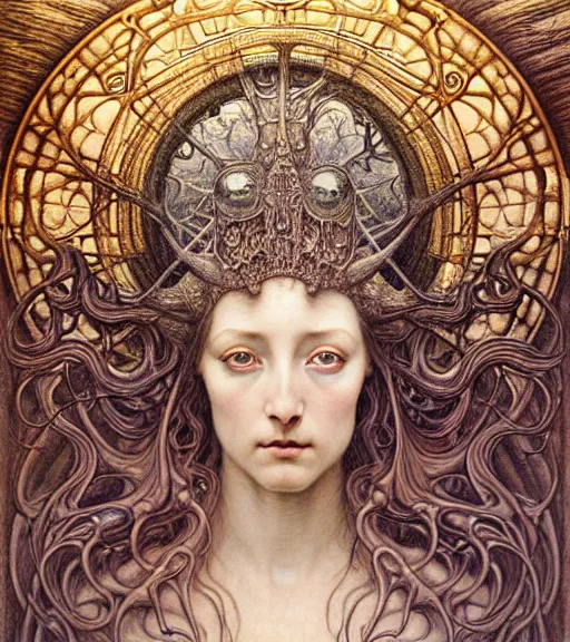 Prompt: detailed realistic beautiful young medieval alien queen face portrait by jean delville, gustave dore and marco mazzoni, art nouveau, symbolist, visionary, gothic, pre - raphaelite. horizontal symmetry by zdzisław beksinski, iris van herpen, raymond swanland and alphonse mucha. highly detailed, hyper - real, beautiful