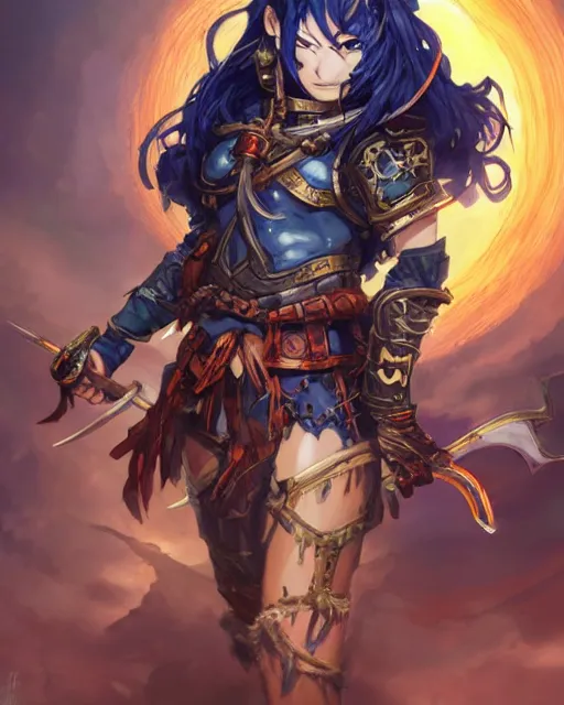 Image similar to An anime portrait of a beautiful D&D half-orc female with long wavy dark blue hair, bright orange eyes, intricate full body armour, fantasy soldier, by Stanley Artgerm Lau, WLOP, Rossdraws, James Jean, Andrei Riabovitchev, Marc Simonetti, and Sakimichan, highly detailed, ultra detailed, golden hour, trending on artstation, cgstudio