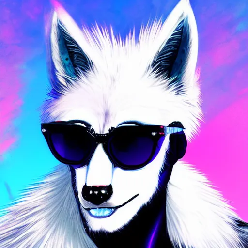 Prompt: White Wolf, blue mohawk hairstyle, sunglasses, synthwave style, portrait, artstation, detailed, award winning, furry