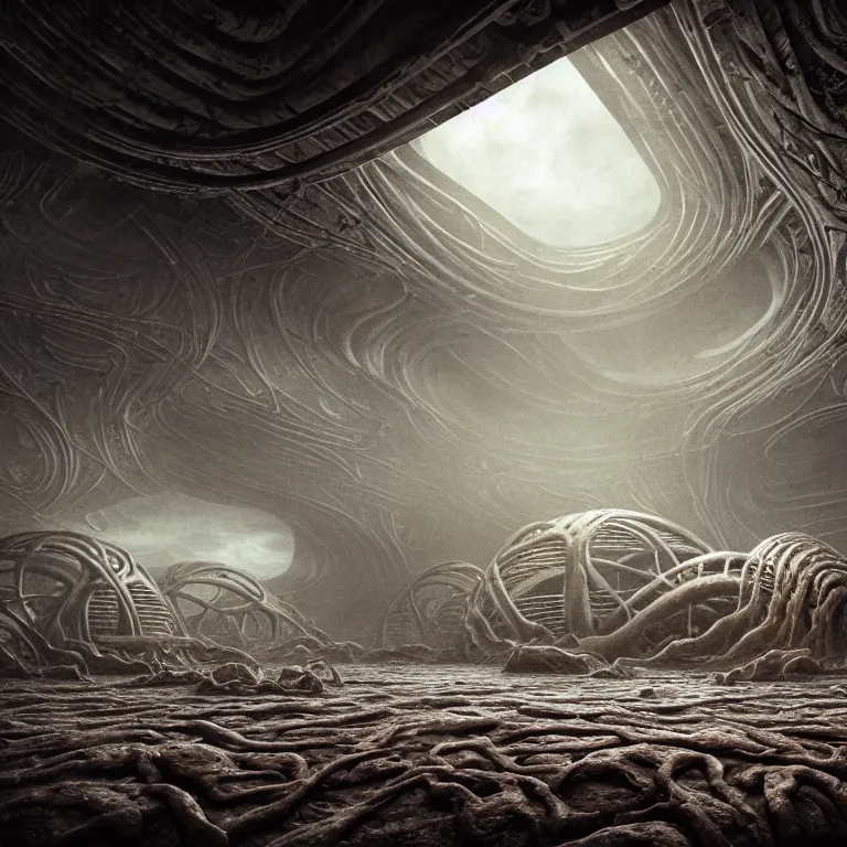 Prompt: ribbed surreal abandoned alien spaceship interior halls on exoplanet, covered in organic flesh meat, in a desolate empty wasteland, creepy, nightmare, dream-like heavy atmosphere, surreal abandoned buildings, beautiful detailed intricate insanely detailed octane render trending on Artstation, 8K artistic photography, photorealistic, chiaroscuro, Raphael, Caravaggio, Beksinski, Giger