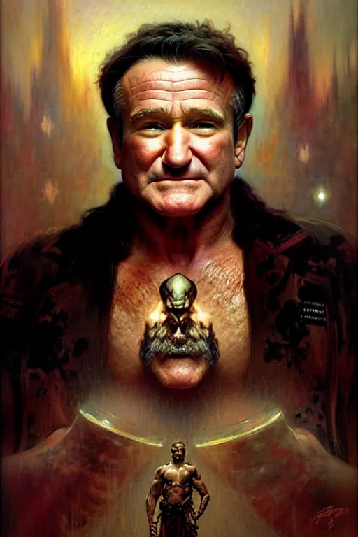 Image similar to robin williams the philosopher by gaston bussiere, bayard wu, greg rutkowski, giger, maxim verehin