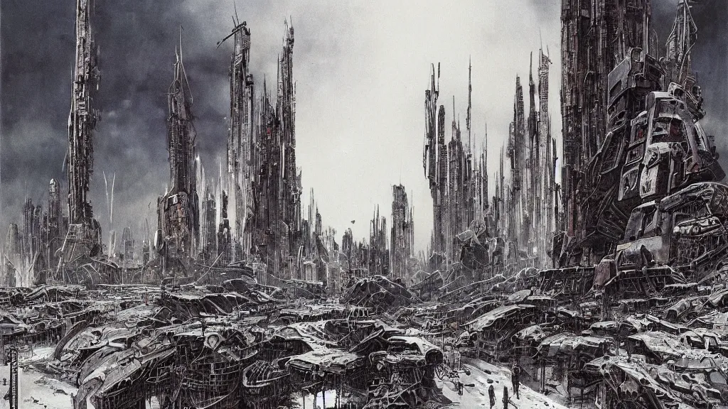 Prompt: group of survivors, megastructures, remnants of the human civilization, post - apocalyspe, machines, bleak, eerie atmospheric, a color illustration by tsutomu nihei, gerald brom and vincent di fate, epic cinematic matte painting