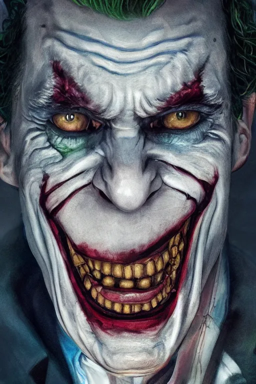Image similar to cinematic portrait of the Joker. Centered, uncut, unzoom, symmetry. charachter illustration. Surreal render, ultra realistic, zenith view. Polished. Inspired by patricio clarey, heidi taillefer scifi painter glenn brown. Extremely ornated. artstation, cgsociety, unreal engine, ray tracing, detailed illustration, hd, 4k, digital art, overdetailed art. Dslr, tiltshift, dof. 64megapixel. complementing colors. Trending on artstation, deviantart,