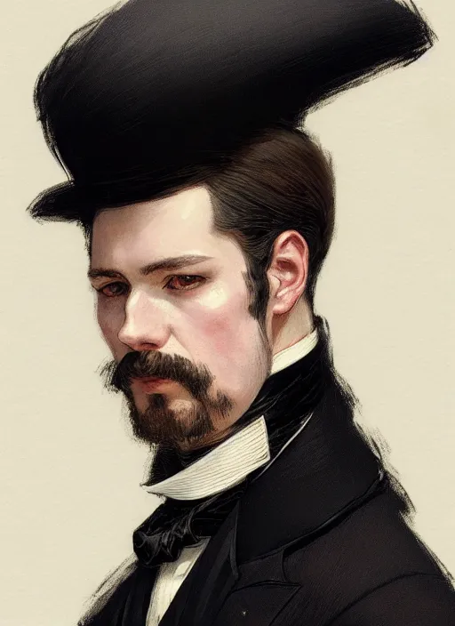 Prompt: 3 / 4 view of a portrait of man in victorian clothing, confident pose, intricate, elegant, sharp focus, illustration, highly detailed, concept art, matte, trending on artstation, anime, art by james jean and artgerm and brian despain and alberto mielgo, greg rutkowski, wlop, ilya kuvshinov, strong strokes