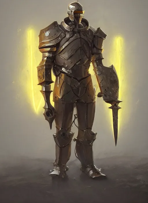 Prompt: dynamic portrait of a cyclopean warforged character in yellow armor holding a paladin engraved longsword and carrying a big shield, epic , trending on ArtStation, cinematic lighting, by Greg Rutkowski and Jesper Ejsing