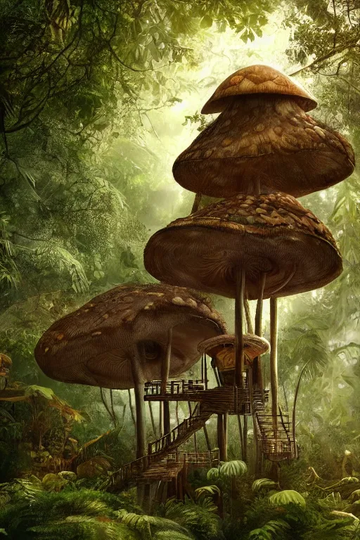 Image similar to a tree house in the jungle, big mushroom growing on tree trunk, by alba ballesta gonzalez and robbie trevino. 4 k wallpaper, digital 2 d, illustration. extremely detailed, cinematic lighting, smooth sharp focus.