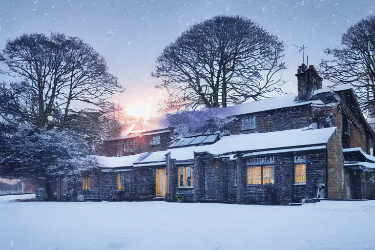 Image similar to cyberpunk, winter in the snow, an estate agent listing photo, external view of a 5 bedroom detached cyberpunk countryside house in the UK, by Paul Lehr