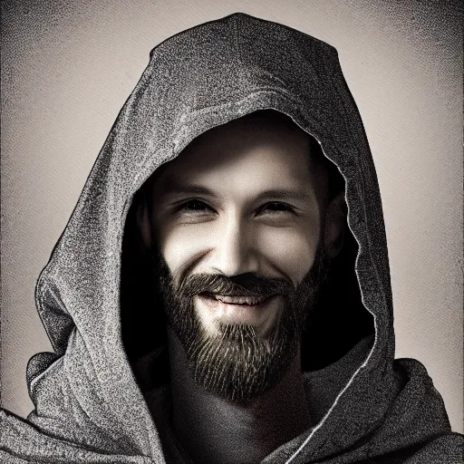 Prompt: 4 0 years old man, skinny, slim, friendly, smiling, happy : : long, goatee beard : : hooded cloak : : medieval city, night, dark, grim, high detail, digital art, rpg, illustration