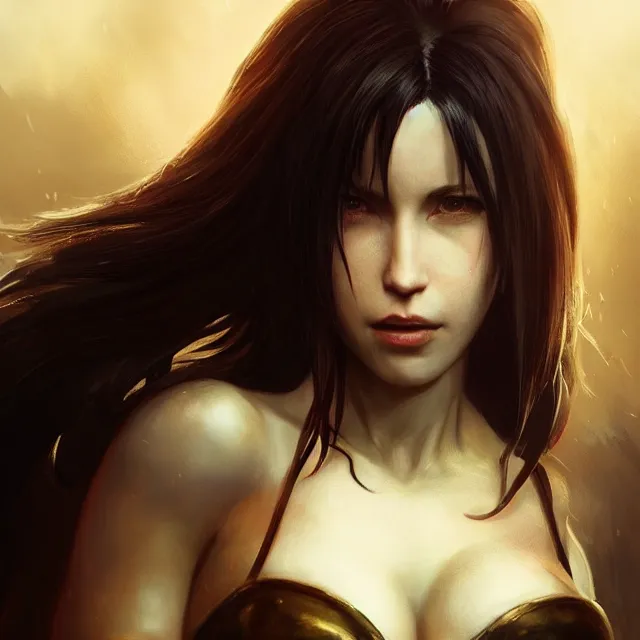 Image similar to majestic gracious seductive tifa lockhart portrait, atmospheric lighting, painted, menacing, intricate, volumetric lighting, beautiful, rich deep colours masterpiece, golden hour, sharp focus, ultra detailed, by leesha hannigan, ross tran, thierry doizon, kai carpenter, ignacio fernandez rios