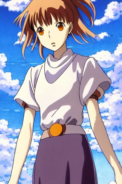 Image similar to anime art full body portrait character nausicaa by hayao miyazaki concept art, anime key visual of elegant young female, short brown hair and large eyes, finely detailed perfect face delicate features directed gaze, valley of the wind and mountains background, trending on pixiv fanbox, studio ghibli, extremely high quality artwork by kushart krenz cute sparkling eyes