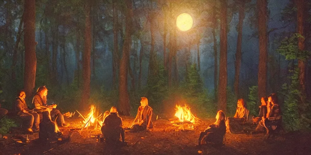 Prompt: A majestic night in the forest. A small group of racoons is sitting next to a campfire. Cinematic, very beautiful, painting in the style of Lord of the rings