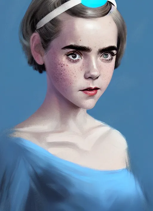 Image similar to portrait of kiernan shipka with freckles, white hair, big 1 9 6 0 s bob hairstyle with bangs and hairband, blue 1 9 6 0 s dress, intricate, elegant, glowing lights, highly detailed, digital painting, artstation, concept art, smooth, sharp focus, illustration, art by wlop, mars ravelo and greg rutkowski