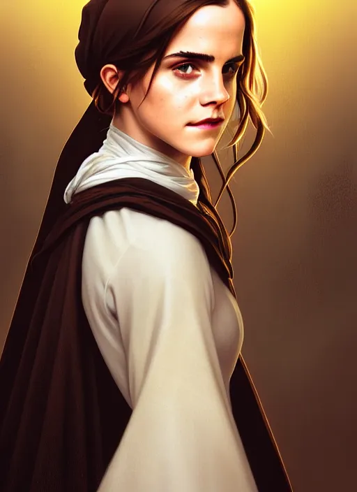 Image similar to portrait of emma watson as sultry nun, catholic, church, cross, intricate, headshot, highly detailed, digital painting, artstation, concept art, sharp focus, cinematic lighting, illustration, art by artgerm and greg rutkowski, alphonse mucha, cgsociety