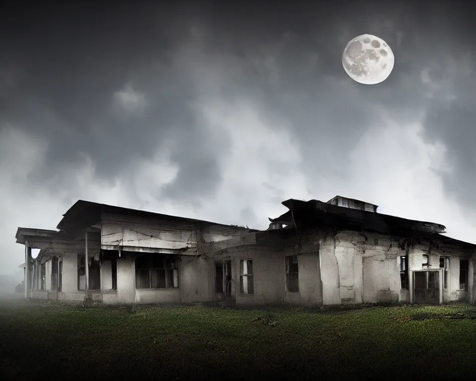 Prompt: midnight, the moon obscured by clouds, the dilapidated school, the dark unknown huddled in the corner gradually pouring out, mist, cg, ue 5 rendering