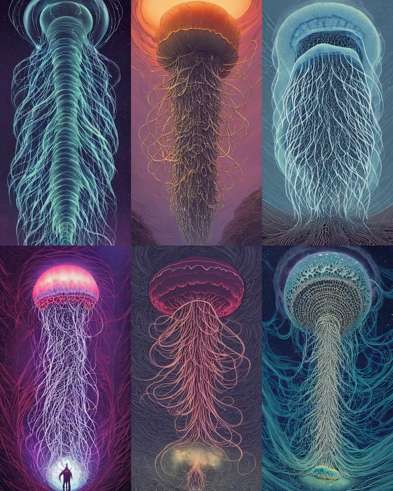 Prompt: a beautiful matte painting of a gigantic cosmic jellyfish with intricate fractal patterns flying through the earth's atmosphere, by Xsullo and Greg Rutkowski and Laurie Greasley and Dan Mumford, intricate, detailed, long wispy tentacles, dark billowing magic