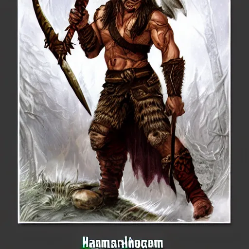 Image similar to Character portrait, face close up: Human Male Barbarian/Druid. Wolf, demon axe, hell. In the style of Ralph Horsley