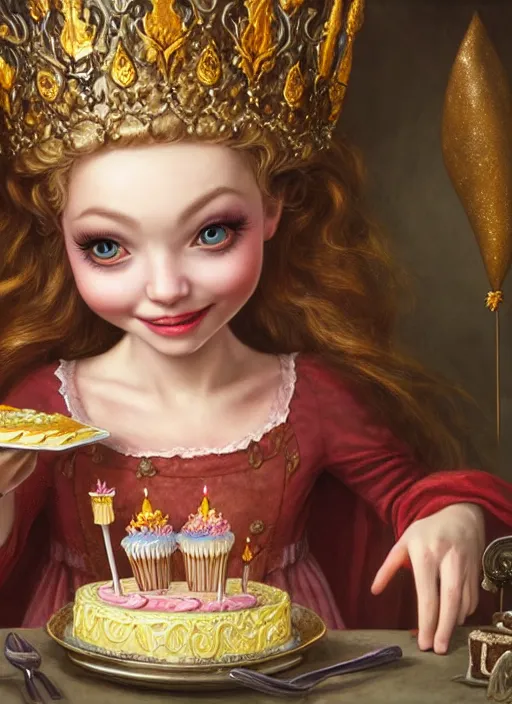 Image similar to highly detailed closeup portrait of a grinning fairytale medieval princess eating birthday cake, unreal engine, nicoletta ceccoli, mark ryden, lostfish, earl norem, global illumination, god rays, detailed and intricate environment