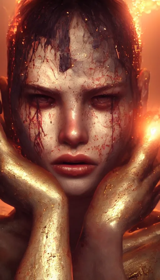 Prompt: epic masterpiece torment, drama, sweaty skin, hyperrealistic, octane render, cinematic, beautiful face and flawless skin, perfect hands, 5 fingers, gold by Ross Tran, Legends of Runeterra