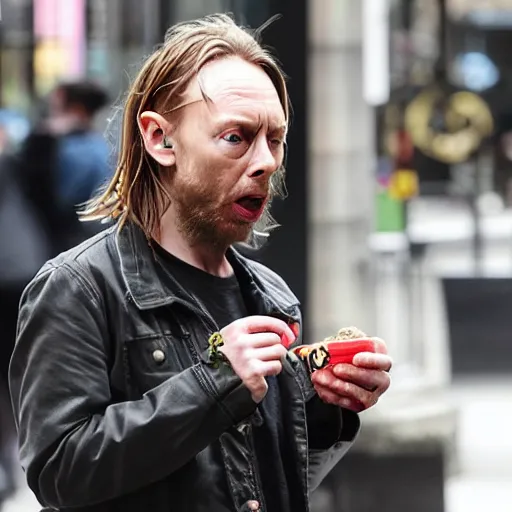Image similar to thom yorke as a zombie eating people at mcdonalds in london