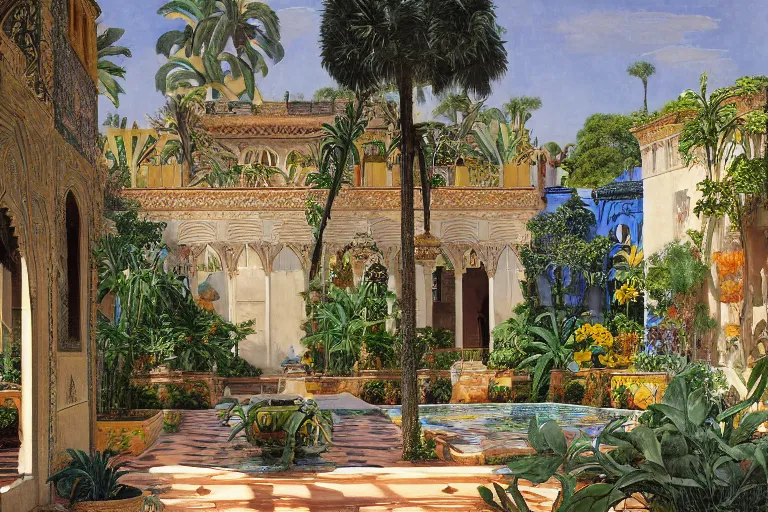 Image similar to painting of a beautiful moorish palace courtyard garden, by jan schmuckal and maxfield parrish and evelyn de morgan and waterhouse and dante rossetti, patterned tilework, palm trees, tiled fountains, sun and shade, extremely detailed, dramatic cinematic lighting, smooth sharp focus, featured on artstation