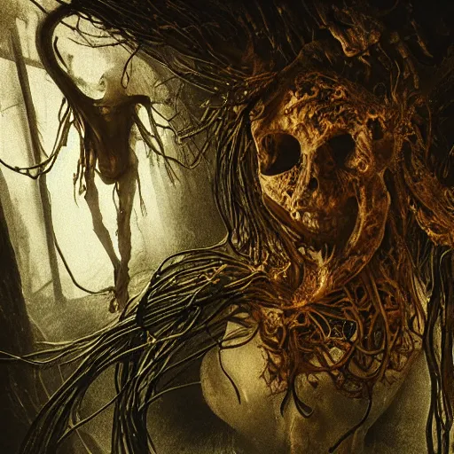 Image similar to masterpiece, emily ratajkowski, bones and veins, biopunk clothes, body horror, yellow glowing background, gustav dore, zdzislaw beksinksi, Ross Tran