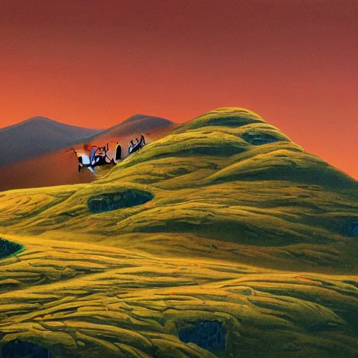 Image similar to a landscape painting of hills covered in robotic ants, painting, highly detailed