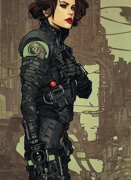 Prompt: selina. the snake. cyberpunk assassin in military vest and jumpsuit. portrait by ashley wood and alphonse mucha and laurie greasley and josan gonzalez. illustration, pop art, cinematic. realistic proportions. moody industrial setting. artstationhq