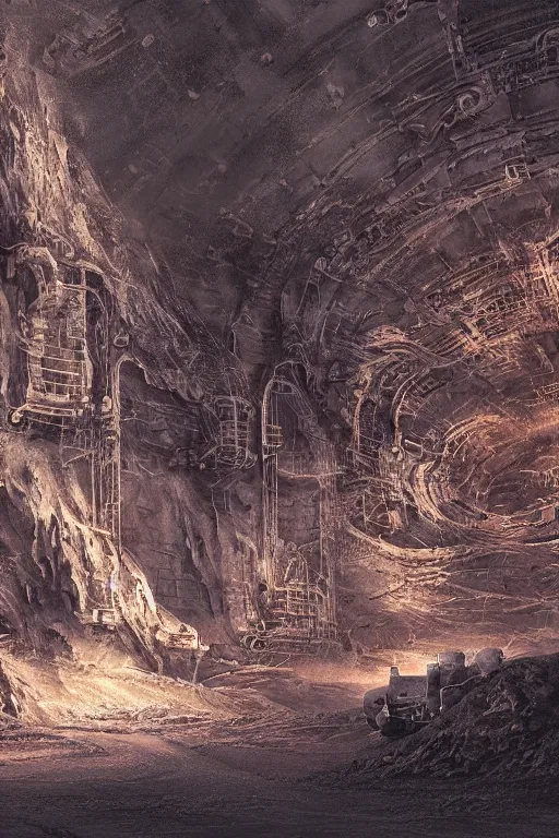 Image similar to industrial minning entrance in a quarry in the middle of the desert of Mars planet at night dust storm concept art by yoshitaka amano and H.R. Giger, intricate detail, 8k, featured art