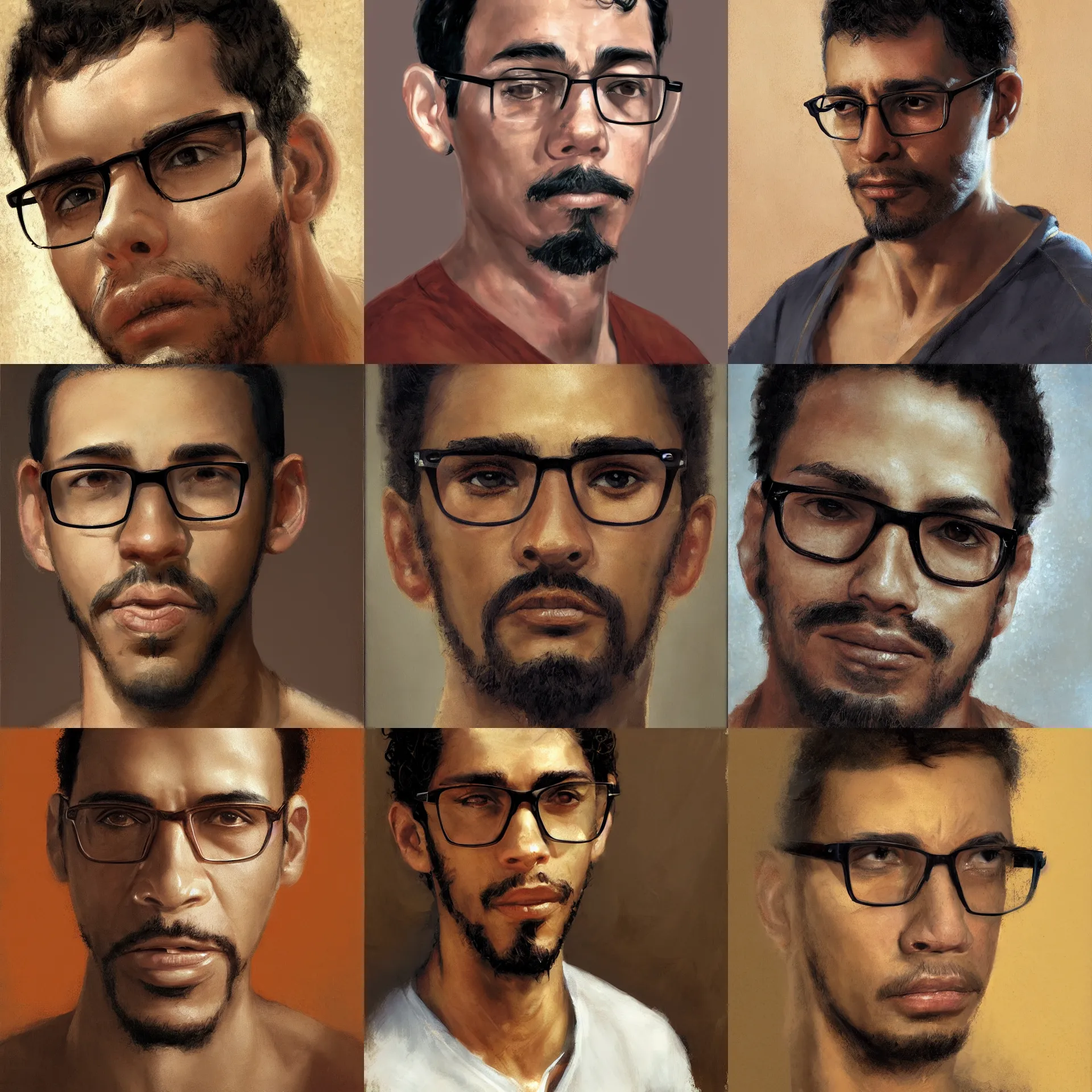 Prompt: 3 / 4 view portrait of a latino skinny young man, brown skin, wavy short hair, goatee, sad looking eyes, wearing glasses, straight nose, close up, light brown background, painted by craig mullins