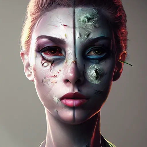 Prompt: woman portrait made out of paint, beautiful, cyborg, octane render, tim burton comic book art