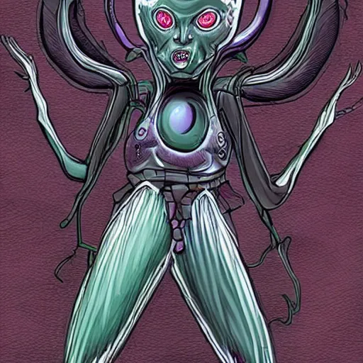 Image similar to goth metal head alien species, detailed, weird, belts