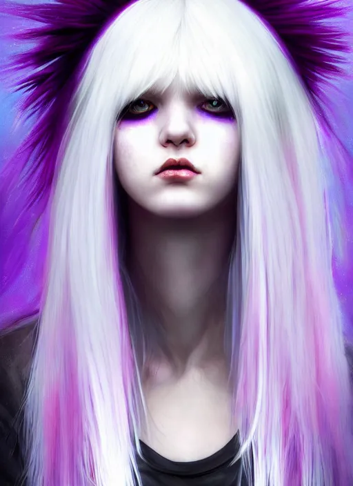 Image similar to hair whitebangs hair, black cyberlox, portrait of normal teenage girl, white bangs, messy bangs, fluffy bangs, cyberlox, whitebangs, red irises, purple background, intricate, elegant, highly detailed, digital painting, artstation, concept art, sharp focus, smooth, illustration, art by wlop, mars ravelo and greg rutkowski