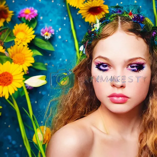 Image similar to a portrait of a young lady with perfect face, hot summertime hippie, fancy dress , flowers background , sunny day, highly detailed, realistic portrait, perfect design, natural light