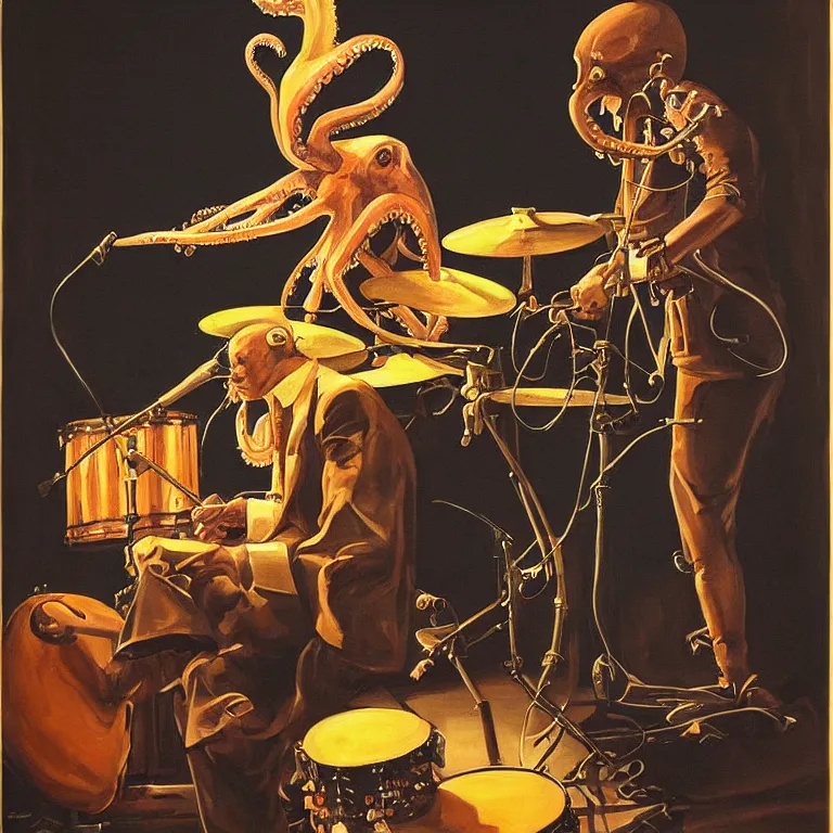 Prompt: a beautiful painting by joseph christian leyendecker of an octopus playing drums and telecaster guitar in a rock concert, dark background, concert light, dark mood, cold lighting