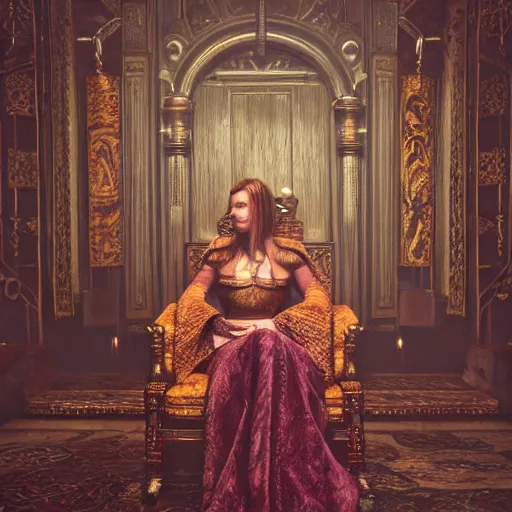 Image similar to the elder scrolls vi, charismatic gracious humble regal brunette female jarl, portrait, throne room, atmospheric lighting, painted, intricate, volumetric lighting, beautiful, daytime, sunny weather, slight overcast, sharp focus, deep colours, ultra detailed, by leesha hannigan, ross tran, thierry doizon, kai carpenter, ignacio fernandez rios