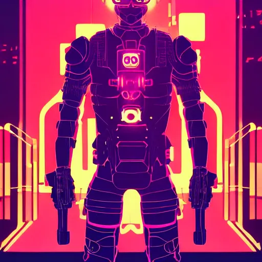 Image similar to a highly detailed full body portrait of a cyborg ninja by ilya kuvshinov in synthwave style with a cyberpunk colorful background with brokeh effect