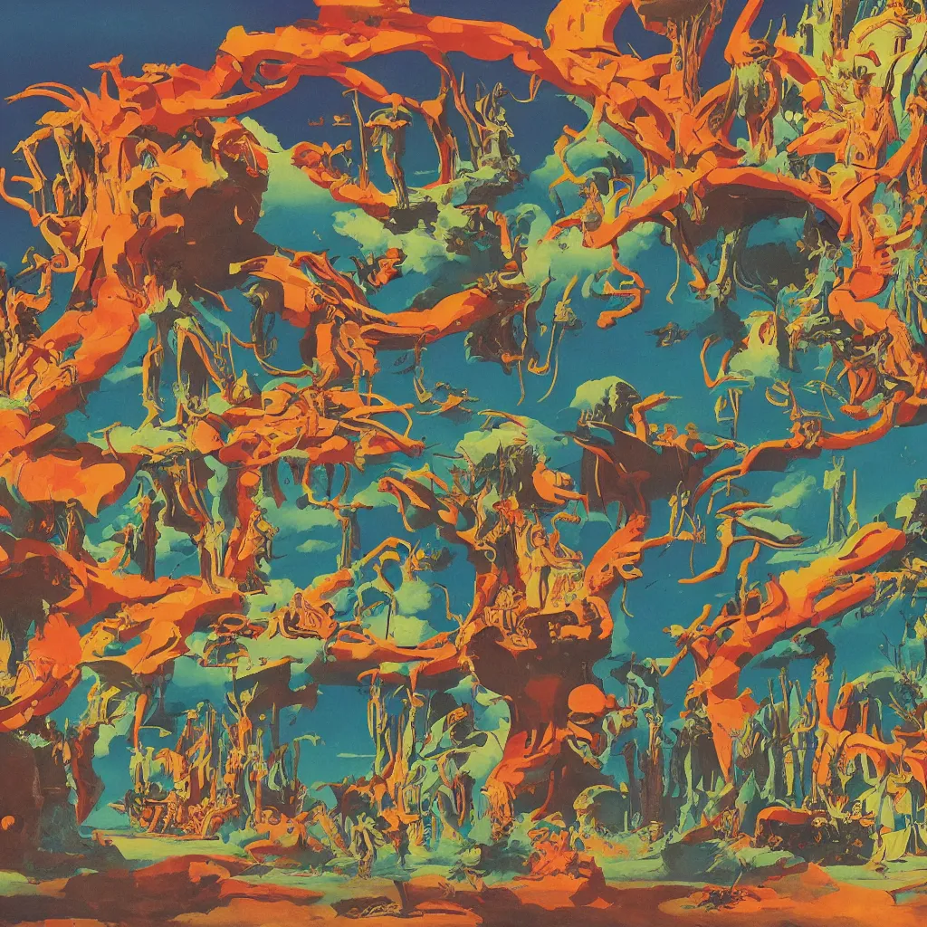 Prompt: an album cover for band named ((LIKE ROME)), in the style of Roger Dean, with a large colourful band logo