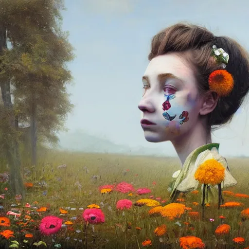 Prompt: The girl with flowers on her face, surreal landscaping in the background, portrait by Esao Andrews, concept art, 4k HD, trending on ArtStation